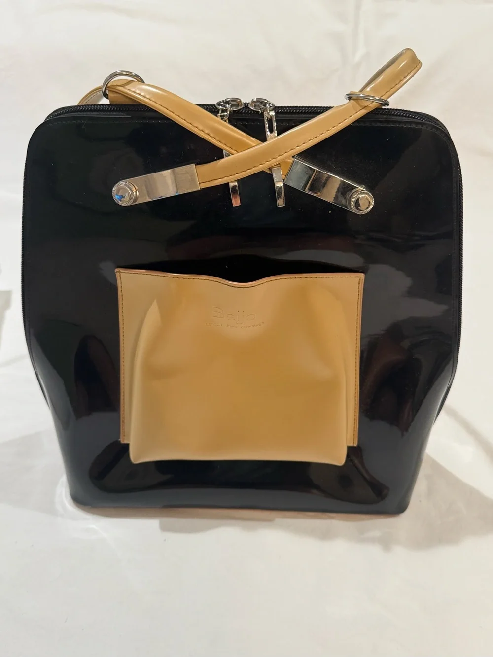 Beijo Black Patent Backpack Tote with Tan Front Pocket and Straps
